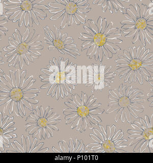Dessin de ligne Daisy motif transparent sur fond beige. Transparente pour la camomille Rapport Papier peint, papier-cadeau, et le textile. Floral Design pour l'arrière plan. Banque D'Images