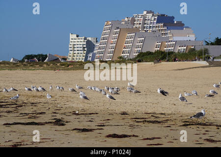 La conception de l'architecture colorée et funky sur les bâtiments par la plage à St Jean de Monts sur la côte atlantique française avec un troupeau de mouettes Banque D'Images