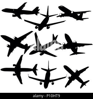 Jeu de silhouettes d'avions de différentes époques sur fond blanc Banque D'Images