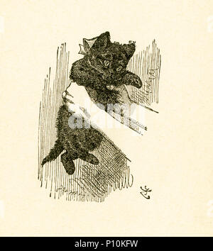 Cette illustration d'Alice tenant un chaton est rouge dans de l'autre côté de 'et ce qu'Alice a trouvé là' par Lewis Carroll (Charles Lutwidge Dodgson), qui a écrit ce roman en 1871 comme une suite de 'Alice's Adventures in Wonderland". Banque D'Images