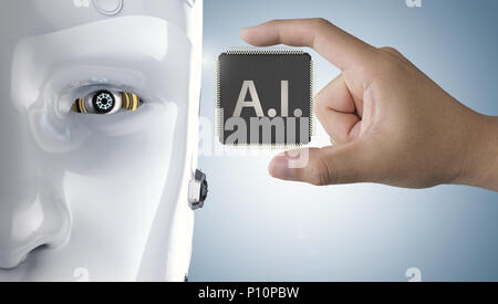 Main tenant le rendu 3d ai puce processeur avec robot Banque D'Images