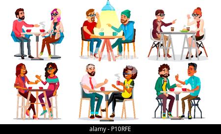 Amis de Cafe vecteur. Homme, Femme, petit ami, petite amie. Assis ensemble et boire du café. Bistro, café. Restaurant. Petit-déjeuner Communication Concept. Cartoon illustration isolé Illustration de Vecteur