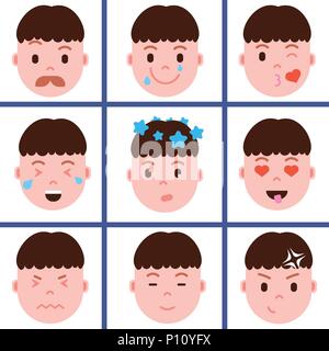 Ensemble tête garçon personnage emoji icône avec émotions faciales, avatar, personnage avec différentes émotions face mâle concept design plat. Illustration de Vecteur