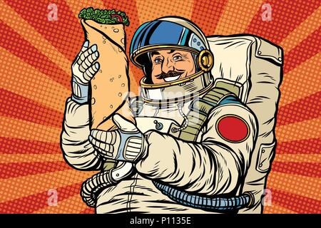 L'astronaute Mustachioed avec Kebab Sandwich Shawarma Illustration de Vecteur