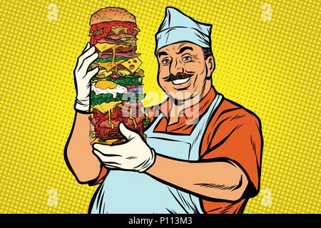 L'alimentation de rue Oriental smiling chef. big Burger Illustration de Vecteur