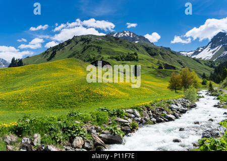 Belle vallée montagneuse près de Klosters un jour d'été avec un petit ruisseau qui le traverse Banque D'Images