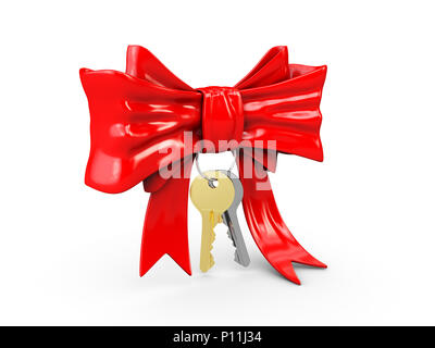 Illustration 3d de Red gift bow avec clés. Ruban. Isolated on white Banque D'Images