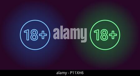 L'icône de néon de limite d'âge pour les moins de 18 ans. Vecteur bleu et vert signe de restriction pour les personnes de moins de 18 ans composé de néon donne un aperçu, avec backli Illustration de Vecteur