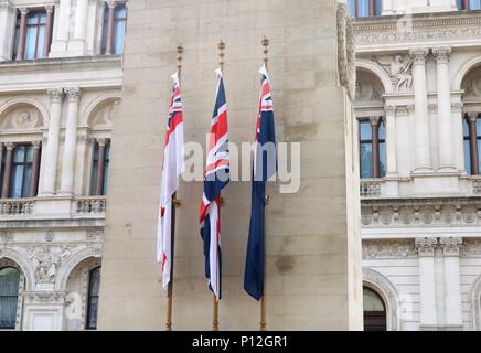 Le pavillon blanc, l'Union européenne drapeau, et Blue Ensign Les drapeaux sur le Cénotaphe Monument commémoratif de guerre à Whitehall, Londres, UK Banque D'Images