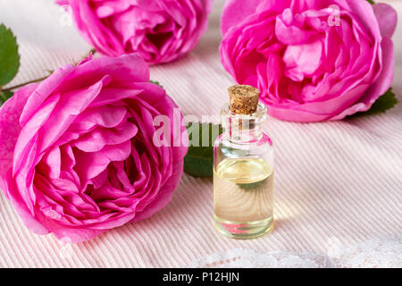 Une bouteille transparente d'huile essentielle avec des roses fraîches Banque D'Images