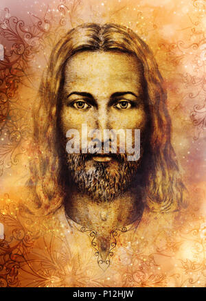 Dessin crayons de Jésus sur papier vintage et doucement contexte aquarelle brouillée Banque D'Images