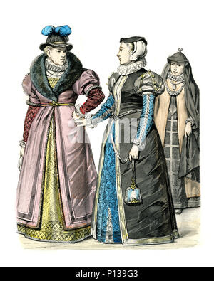 Vintage gravure d'histoire de la mode, des costumes de l'Angleterre, 16e siècle. Les femmes nobles de Londres, 1590 Banque D'Images