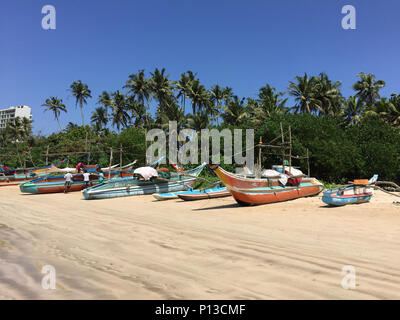 Les bateaux de pêche locaux alignés le long de la plage de la baie de Weligama, Sri Lanka Banque D'Images