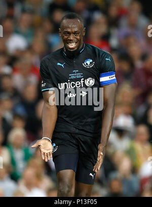 World XI, Usain Bolt au cours de l'aide de l'UNICEF au match de football d'Old Trafford, Manchester. ASSOCIATION DE PRESSE Photo. Photo date : dimanche 10 juin 2018. Histoire voir l'activité de l'aide de soccer. Crédit photo doit se lire : Martin Rickett/PA Wire. Banque D'Images