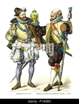 Vintage gravure d'histoire de la mode, des costumes de l'Allemagne du xvie siècle. Noble homme et citoyen de Nuremberg en 1570 à 1588 costume festival Banque D'Images