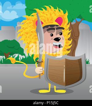 Garçon habillé en lion tenant une épée et un bouclier. Vector cartoon character illustration. Illustration de Vecteur