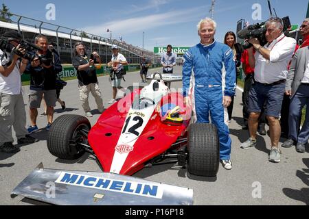 Sport Automobile : Championnat du Monde de Formule 1 de la FIA 2018, Grand Prix du Canada Jacques Villeneuve (CDN) lecteurs de Sky Italia ses pères canadiens gagnant 1978 GP Ferrari 312T3 Photo prise le 10 juin 2018. Dans le monde d'utilisation | Banque D'Images