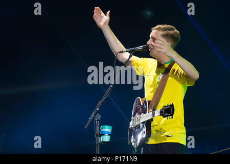 Sao Paulo, Brésil. 10 Juin, 2018. GEORGE-EZRA - le chanteur anglais, George Ezra présente son spectacle, au cours de la 22e Cultura Inglesa Festival, tenu au mémorial de América Latina, Barra Funda, côté ouest de São Paulo, dans la nuit de dimanche, 10. (Photo : Suzuki Hoffman/Photo Premium) Credit : Eduardo Carmim/Alamy Live News Banque D'Images