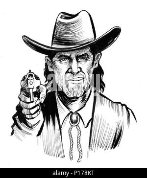 Mad guy avec un revolver. Illustration d'encre au style rétro Banque D'Images