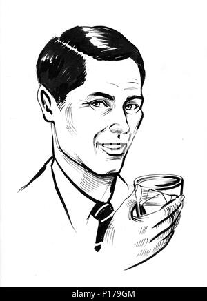 Monsieur avec un verre de whisky. Illustration noir et blanc Encre Banque D'Images