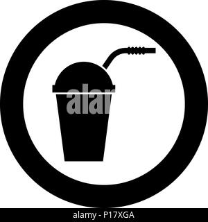 Récipient fermé pour les boissons froides avec de la paille de couleur noire l'icône ronde cercle je vecteur Illustration de Vecteur