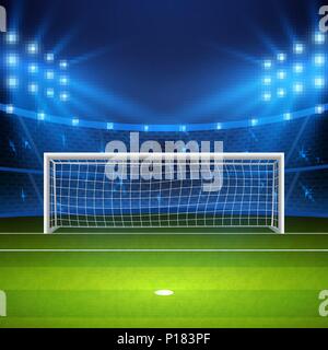 Stade de soccer. Terrain de football sur vert, du stade Arena de nuit allumé des spots lumineux. Vector illustration Illustration de Vecteur