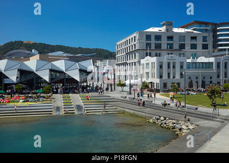 Te Wharewaka, Frank Kitts Lagoon, et la Nouvelle-Zélande Stock Exchange, Wellington, Île du Nord, Nouvelle-Zélande Banque D'Images