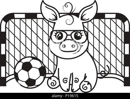 Cute cartoon pig avec un ballon de football. Vector illustration. Coloriage Illustration de Vecteur