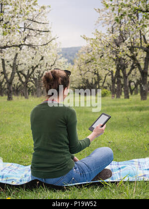 Vue arrière d'une jeune femme à l'extérieur la lecture sur son ebook Banque D'Images