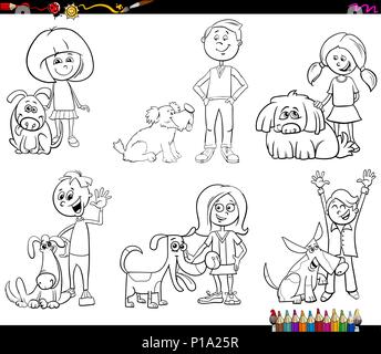 Livre de coloriage noir et blanc Cartoon Illustration d'enfants avec des chiens de caractères Illustration de Vecteur