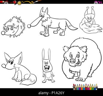 Livre de coloriage noir et blanc Cartoon Illustration de l'ensemble des caractères d'animaux sauvages Illustration de Vecteur