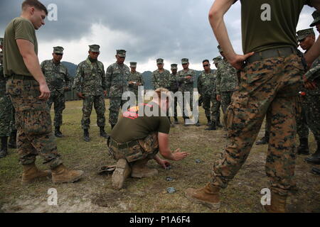 Le Cpl. Anders Stromberg (à genoux), un militaire U.S. Marine Corps policier avec section de police militaire, du bataillon logistique de combat 31, 31e Marine Expeditionary Unit, donne un cours sur les stratégies de convoi de Marines philippins au Colonel Ernesto Ravina Air Base, aux Philippines, au cours de l'exercice d'atterrissage amphibie des Philippines (33) PHIBLEX 6 octobre 2016. PHIBLEX-américain annuel est un exercice bilatéral militaire des Philippines la combinaison de capacités amphibies et de tir réel avec assistance civique humanitaire visant à renforcer l'interopérabilité et les relations de travail. (U.S. Photo par Marine Corps Banque D'Images