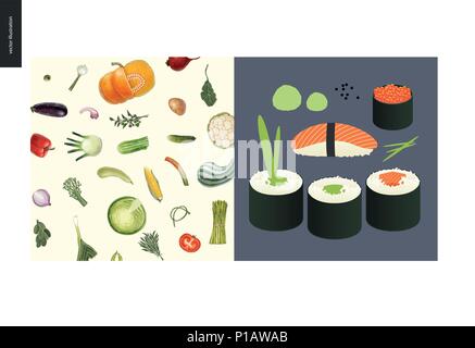 Des choses simples - repas - télévision cartoon vector illustration de légumes, verts, oignon, potiron, salade, tomate, maïs et des sushis et rouleaux avec sa Illustration de Vecteur