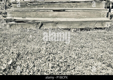 Rotten ancien escalier en bois menant au jardin Banque D'Images