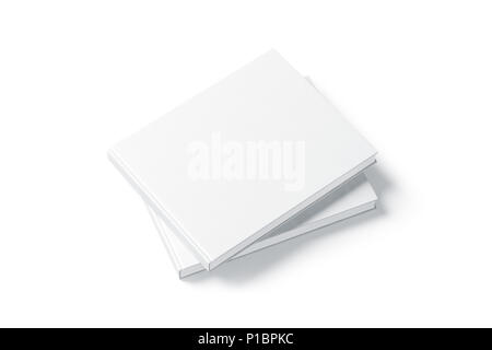 Blanc blanc rectangulaire deux maquette livre pile, côté supérieur, en 3d le rendu. Ordinateur portable vide sur chaque autre disque couvrir immersive, isolé. Modèle de marque librairie Banque D'Images