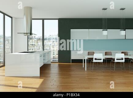 Cuisine moderne blanc en loft avec de grandes fenêtres Banque D'Images