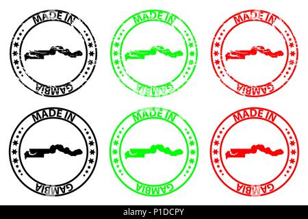 Faite en Gambie - timbres en caoutchouc - vecteur, la Gambie carte - noir, vert et rouge Illustration de Vecteur