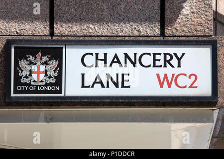 Londres, UK - 6 juin 2018 : une plaque de rue pour Chancery Lane dans le centre de Londres, Royaume-Uni, le 6 juin 2018. Banque D'Images