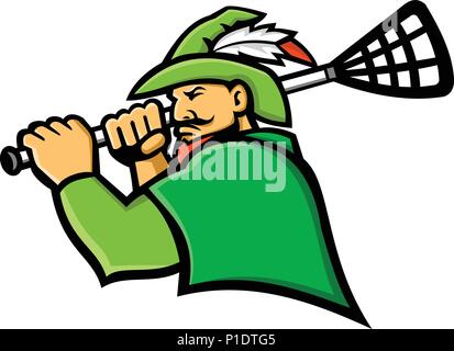 L'icône de mascotte illustration de buste d'un archer Robin des bois vert ou avec bâton de crosse vu de côté sur fond isolé en style rétro. Illustration de Vecteur