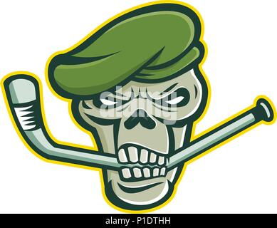 L'icône de l'illustration mascotte skull head d'un béret vert commando ou d'infanterie légère d'élite des forces spéciales ou mordre un soldat ice hockey stick vue f Illustration de Vecteur