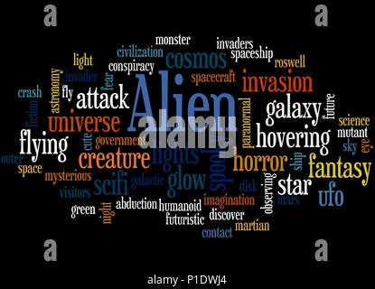 Alien, mot concept cloud sur fond noir. Banque D'Images