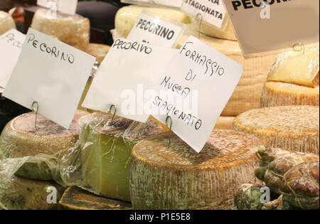 Fromage italien à vendre à l'étal avec des étiquettes et le nom de l'alimentation. Le Pecorino signifie fromage avec du lait de brebis et Formaggio di Mucca stagionato rip signifie Banque D'Images