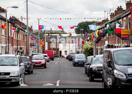 Iris dans l'Ouest de Belfast ont été les résidents ont pris la Coupe du Monde de la fièvre et ont créé un concours pour recueillir des fonds pour une fête dans la rue le jour de la finale de la Coupe du monde. Banque D'Images