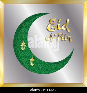 L'Eid al-Fitr carte de souhaits avec croissant de lune d'argent et d'or. Tous les objets sont dans des couches différentes et les types de texte n'ont pas besoin de police. Illustration de Vecteur