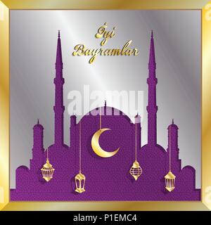 Carte de vœux de l'aïd turc d'argent et d'or avec la mosquée de lanternes. Tous les objets sont dans des couches différentes et les types de texte n'ont pas besoin de police. Illustration de Vecteur