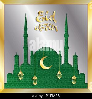 L'Eid al-Fitr carte de vœux mosquée d'argent et d'or lanternes. Tous les objets sont dans des couches différentes et les types de texte n'ont pas besoin de police. Illustration de Vecteur