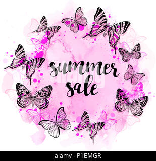 Résumé Contexte L'été avec les papillons et roses aquarelle texture pour la vente saisonnière Banque D'Images