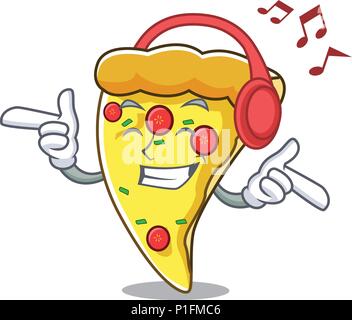 Listening music pizza slice mascot cartoon Illustration de Vecteur