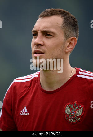 Neustift, Tyrol, Autriche - le 28 mai 2018. Joueur de football russe Artem Dzyuba au cours de camp d'entraînement à Neustift im Stubaital, Autriche. Banque D'Images