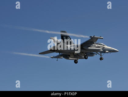 161020-N-XU691-118 OCÉAN PACIFIQUE (oct. 17, 2016) Un EA-18G Growler du "Loups gris" de l'Escadron d'attaque électronique (VAQ) 142) est en survolant le porte-avions USS Nimitz (CVN 68). Nimitz est en cours pour compléter la certification d'envol et qualification du transporteur pour un prochain déploiement de 2017. (U.S. Photo par David Marin marine Claypool/libérés) Banque D'Images